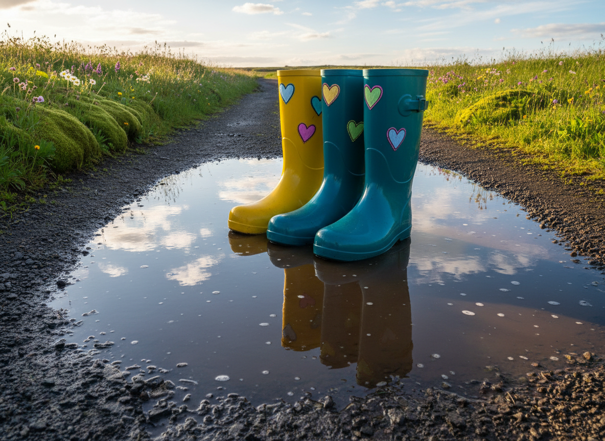 A pair of cheerful, oversized rubber boots with a glossy finish—one bright yellow, the other teal—side by side in a muddy country lane puddle reflecting the wide blue Icelandic sky. The boots are adorned with hand-drawn, heart-shaped patches in candy colors. Surrounding the puddle are rounded tufts of moss and wildflowers curving along the lane’s edges. The scene is brightened by late afternoon sunlight, throwing soft shadows and playful sparkles on the puddle’s surface. A slightly tilted, eye-level composition draws attention to the boots as if they are ready to embark on a whimsical adventure. The overall aesthetic is photographic, bursting with color and energy, evoking companionship, fun, and shared exploration in the countryside.