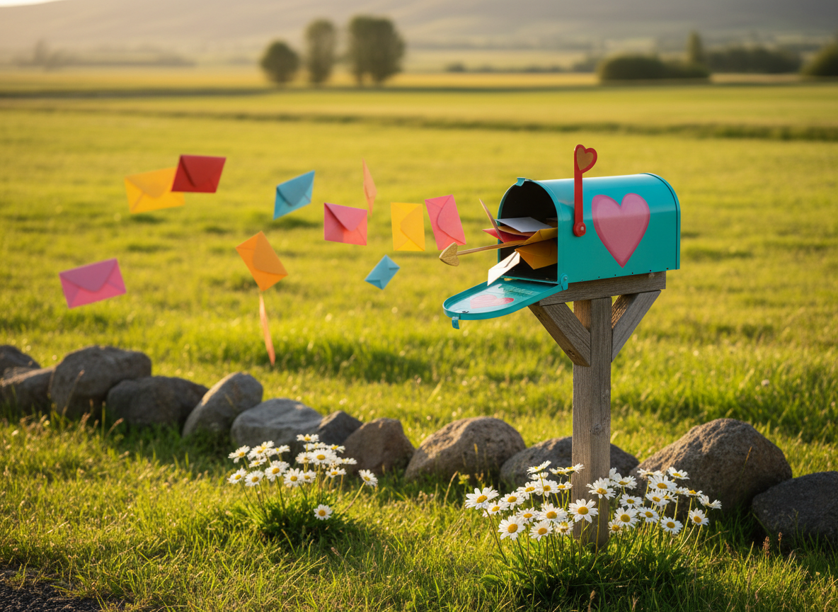 A vintage-style, heart-adorned mailbox painted in vivid turquoise with rounded edges and a whimsical Cupid’s arrow flag, perched on a rustic wooden post surrounded by a swirl of fluttering, colored envelopes. The mailbox stands at the edge of an open field, bordered by rounded volcanic rocks and cheerful tufts of Icelandic daisies. Golden sunlight bathes the mailbox, creating energetic highlights and gentle, playful shadows beneath. The composition follows the rule of thirds, with the mailbox slightly off-center and a shallow depth of field softening the distant countryside. The mood is joyful and optimistic, the photographic style colorful and lively, perfectly capturing the idea of heartfelt connections delivered in a magical rural setting.