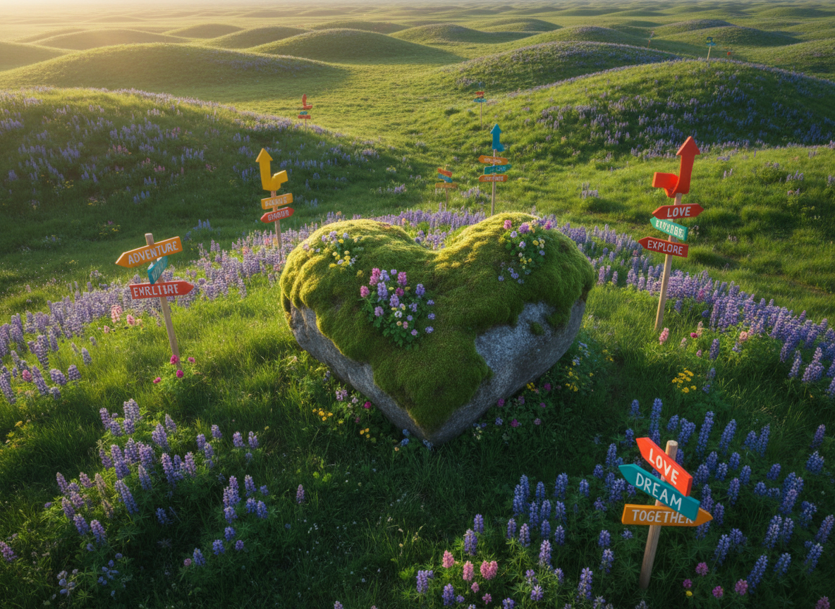 A vibrant, oversized heart-shaped stone covered with emerald-green moss and tiny clusters of wildflowers, nestled atop undulating grassy meadows speckled with colorful Icelandic lupines. Brightly colored wooden signposts with whimsical rounded arrows point in various playful directions, suggesting adventure and romance. Soft golden hour sunlight bathes the scene, casting long, lively shadows and glistening off dewdrops. The mood is joyful and energetic, capturing a feeling of possibility and connection. The shot is taken from a slightly elevated angle, allowing the rolling landscape and markers to lead the eye. Photographic realism and vivid, saturated colors underscore the playful, enchanting countryside setting—an ideal visual metaphor for Cupid's matchmaking magic.